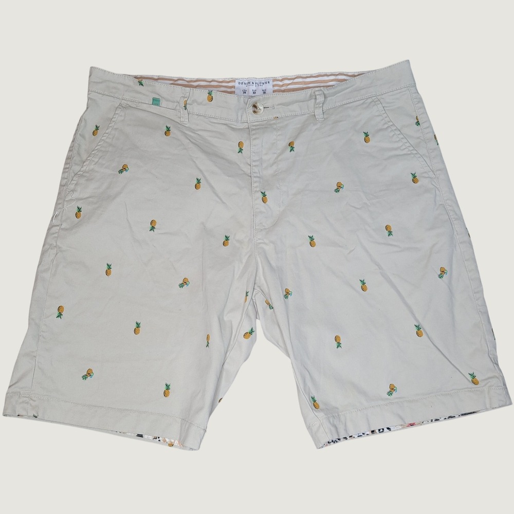 Denim & Flower Ricky Singh Mens 38 Tan Khaki Pineapple Embroidered Chino Shorts